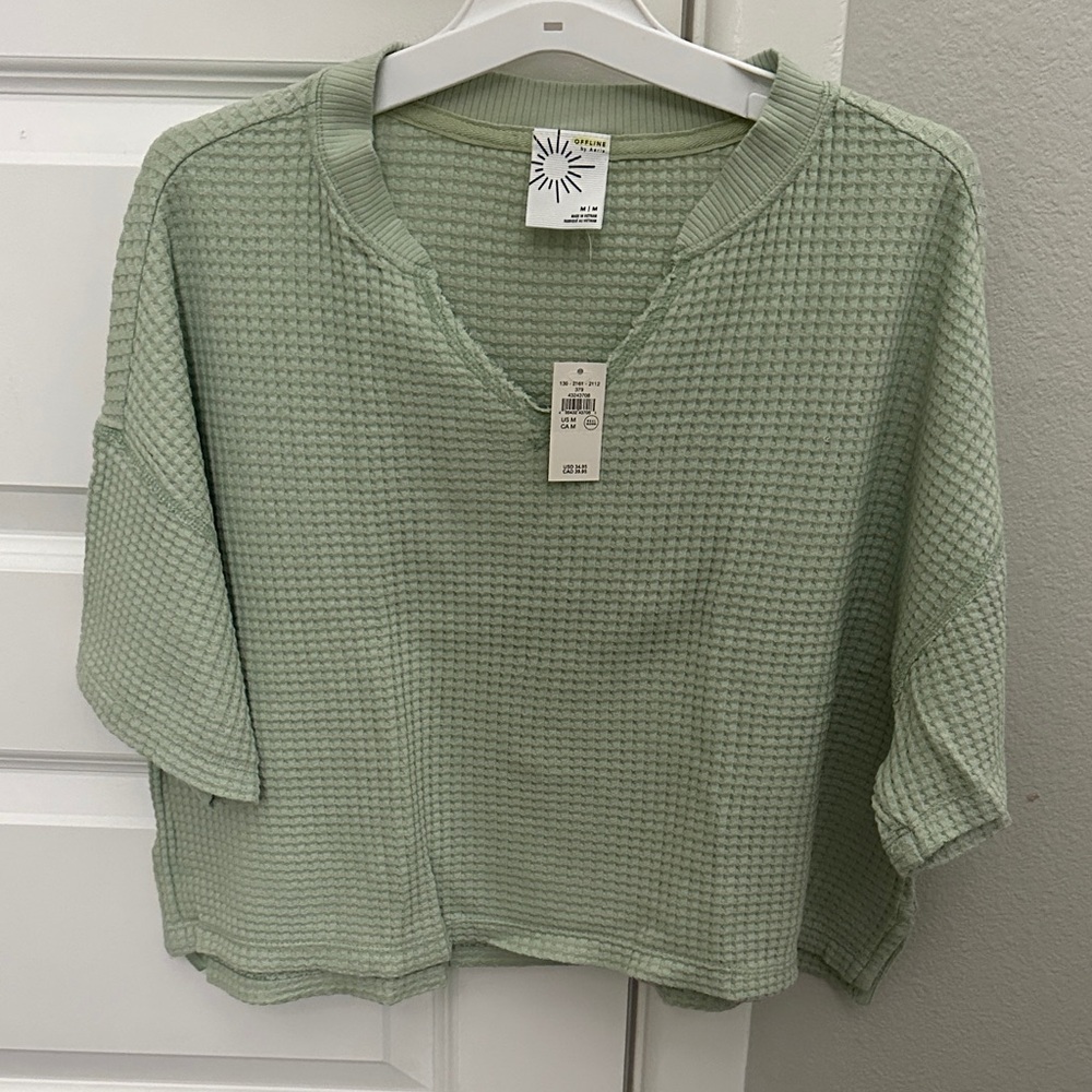 aerie Sage Green Waffle-Knit Short Sleeve Boxy Top